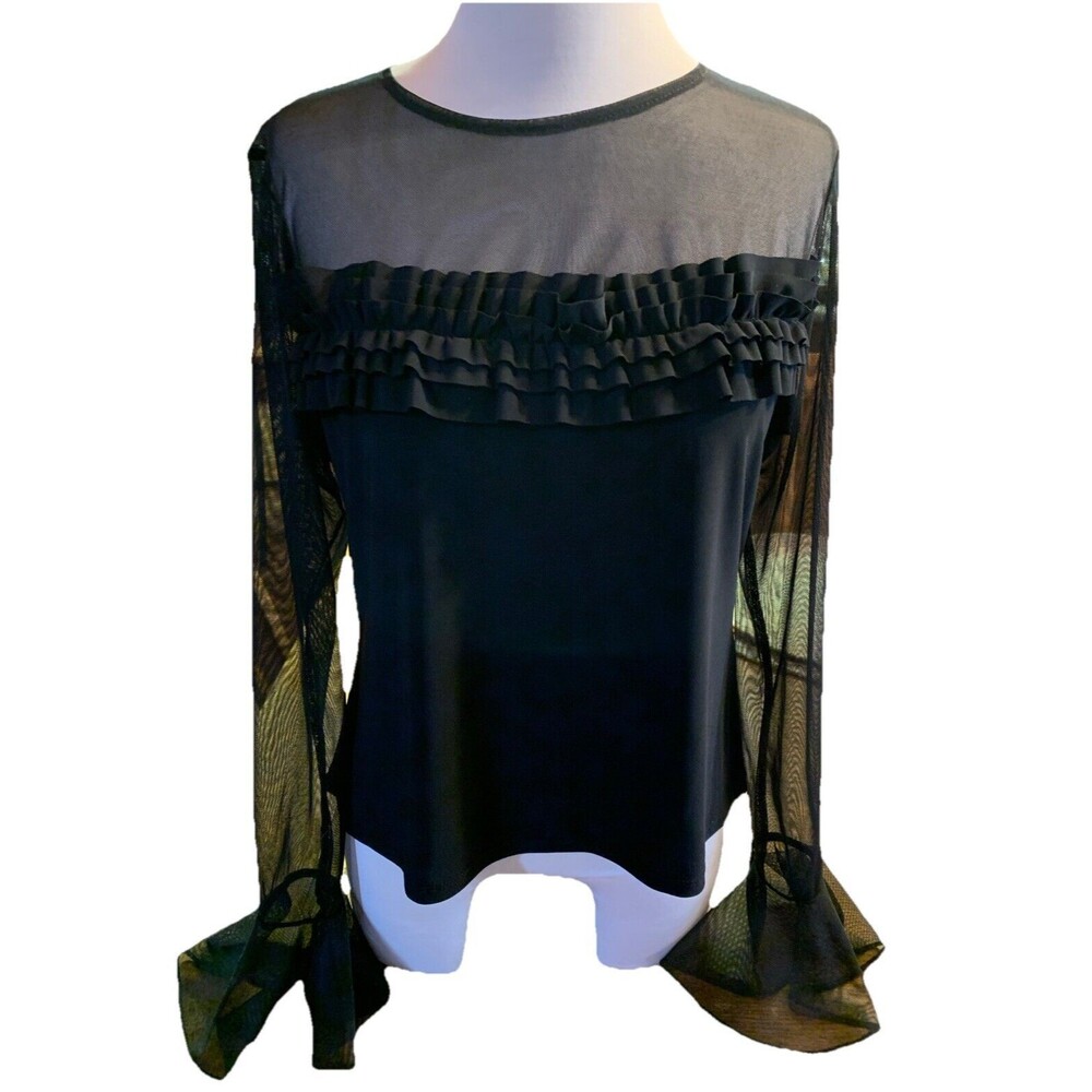 $98 Whimsigoth Black Sheer Blouse Dark Romance Sz Large Helene Blake Ruffle Sexy